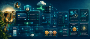 Futuristic digital ecosystem with glowing UI panels for security, CRM, ERP, AI, and blockchain connected by a network.